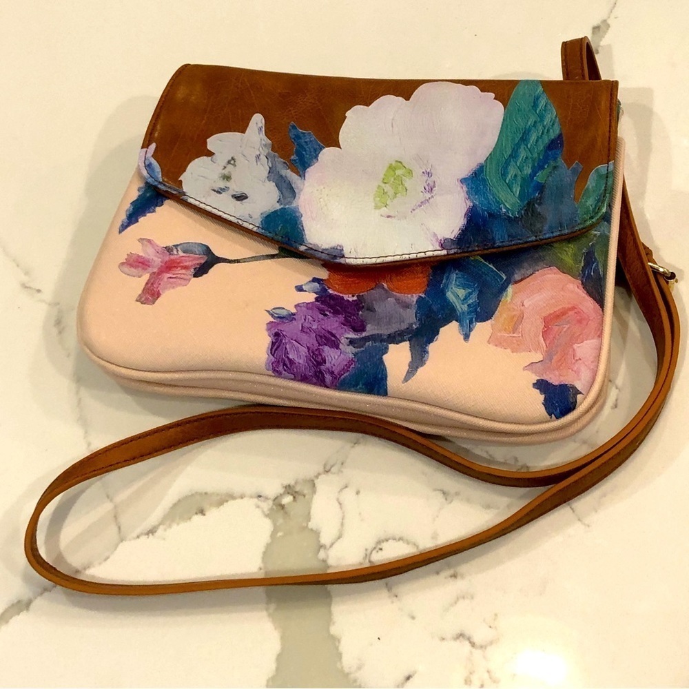 Antik Kraft NEW Small Pink Floral Faux Leather Vegan Crossbody Handbag Purse